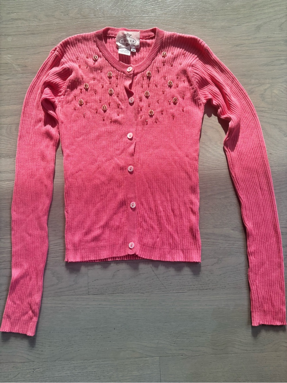 Tocca Silk Pink Ribbed Long-Sleeve Cardigan with Embellishment